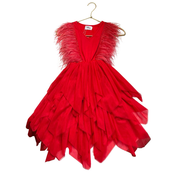 Lola & The Boys Red Tulle & Feather Dress - Size 8