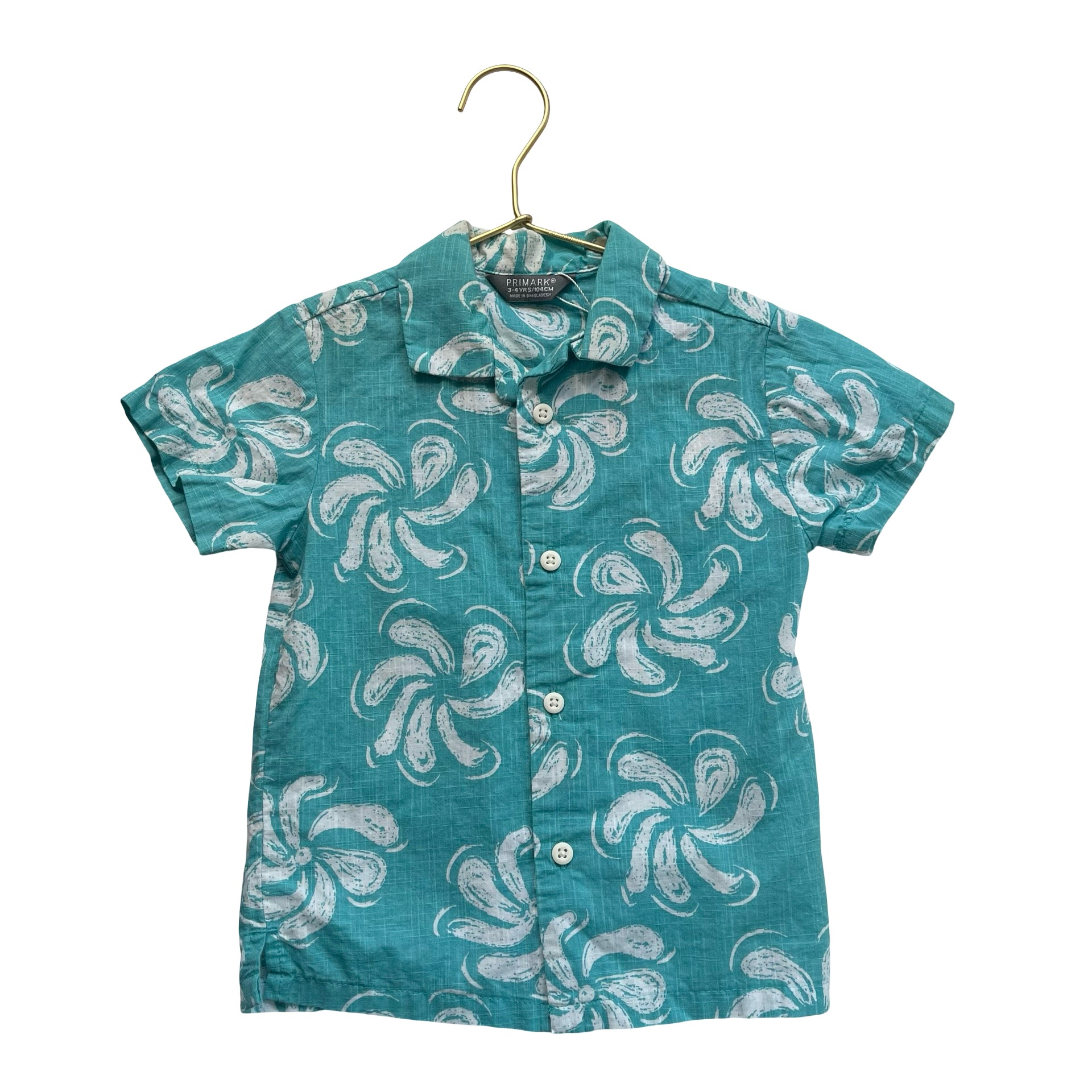 Primark Teal & Ivory Print Button Down Shirt - Size 3-4