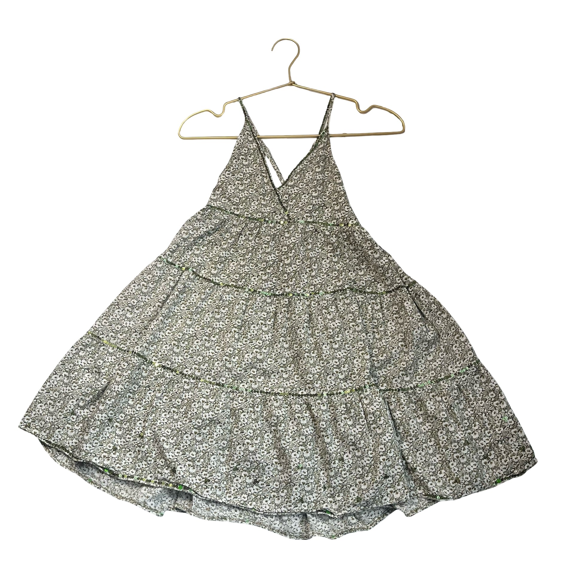 Perimitz Green & Ivory Floral Dress, Sequin Trim - Size 150 (12)