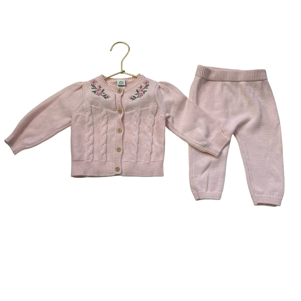 Little Me Pink Cotton Knits Pants & Embroidered Cardigan Set - Size 9 Mo