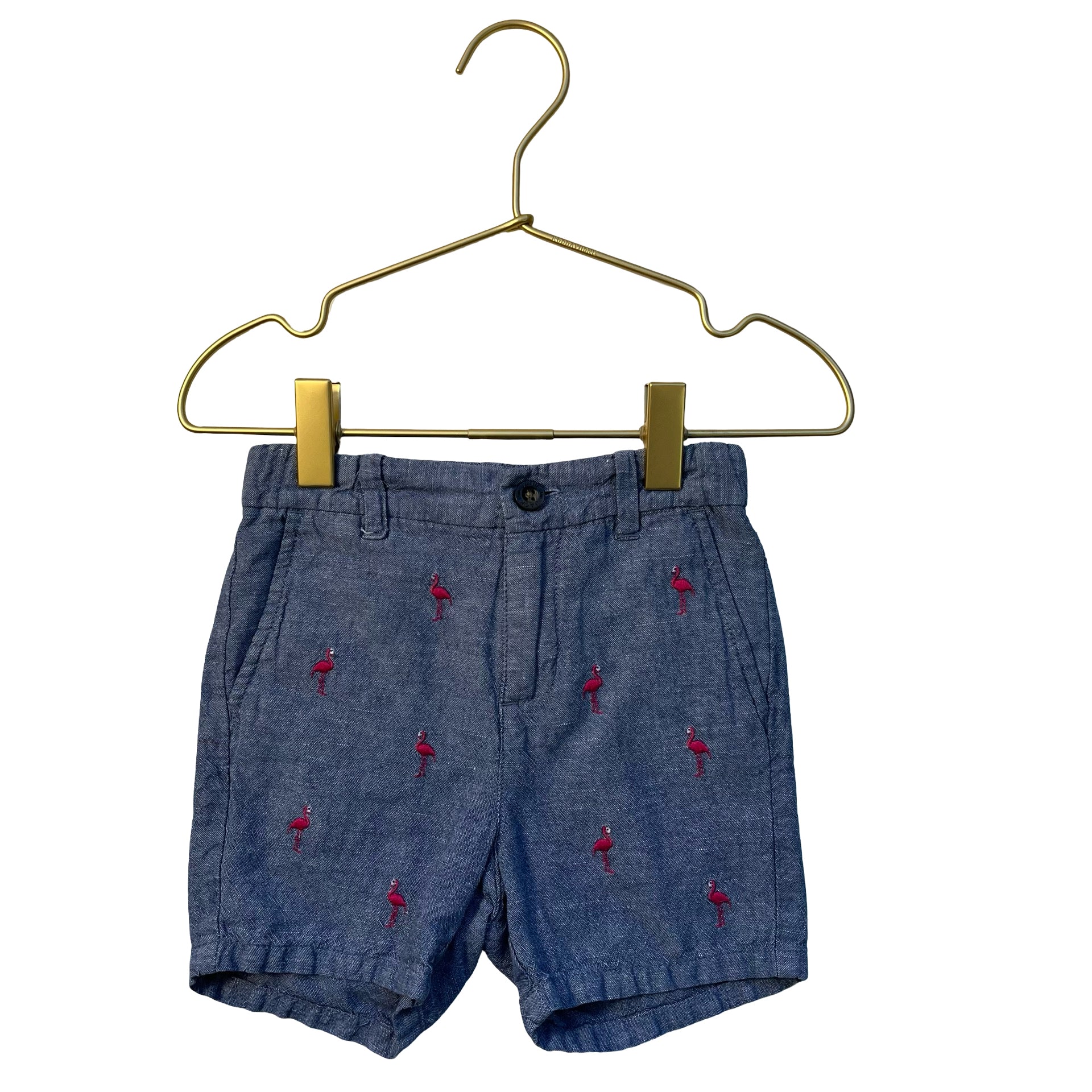 Janie and Jack Chambray & Pink Embroidered Flamingo Shorts - Size 18-24 Mo