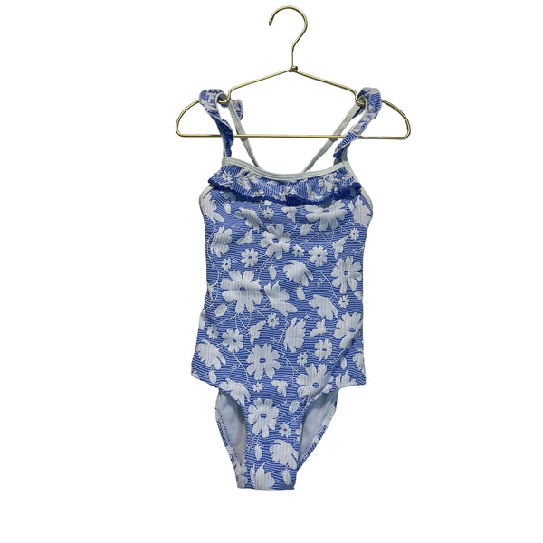 Monsoon Blue & White Stripe & Flower Print Swim Suit - Size 7-8Y