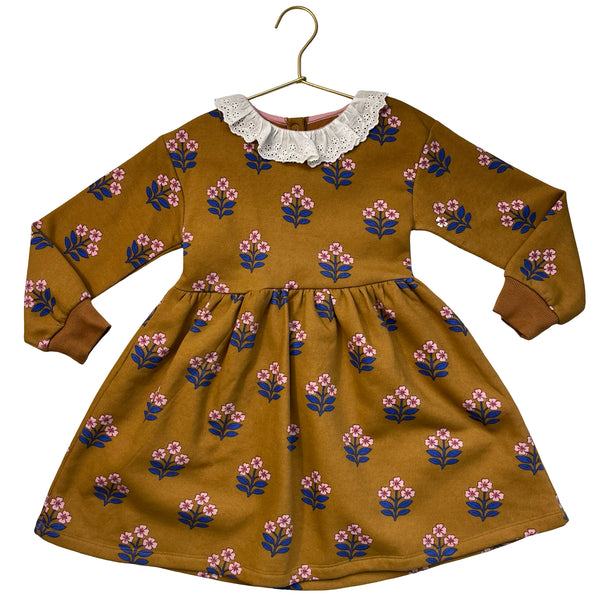 Mini Boden Brown Flower Print Sweatshirt Dress, Eyelet Collar - Size 5-6