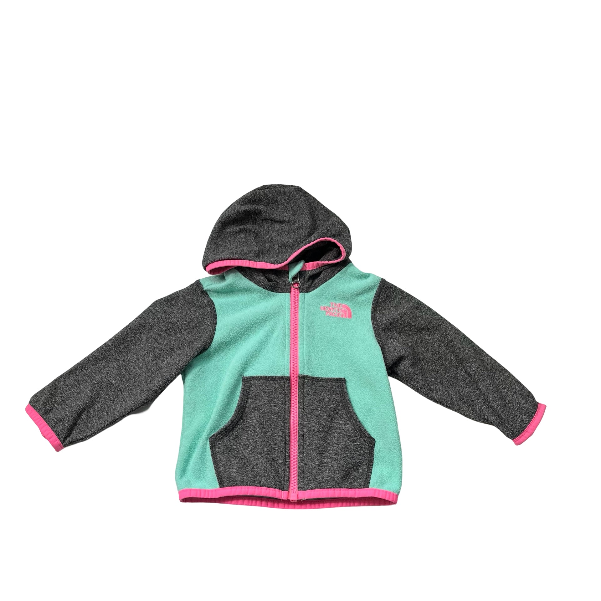 North Face Mint Green, Gray and Pink Trim Fleece Jacket - Size 6-12 Months