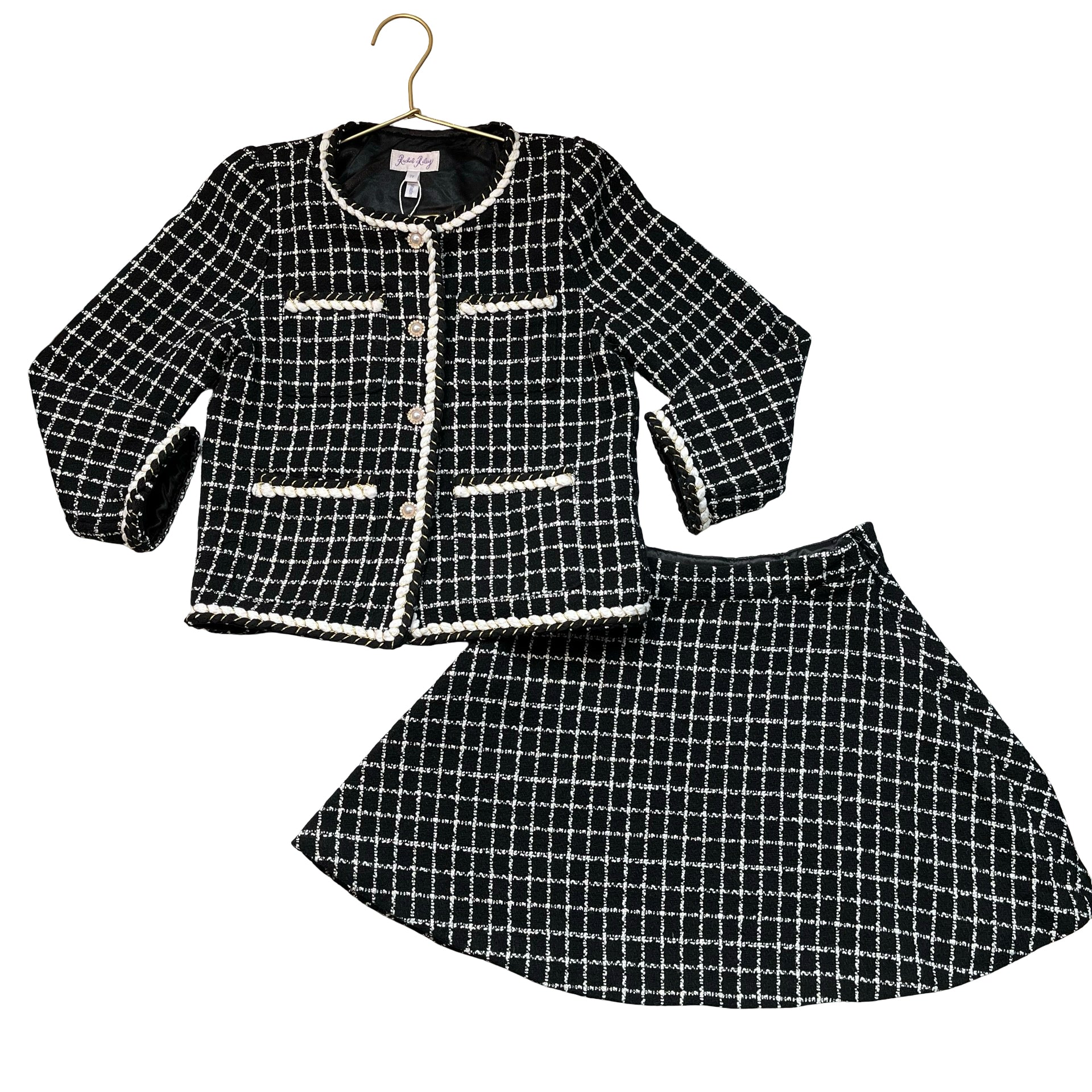 Rachel Riley Black & Ivory Plaid Boucle Blazer & Skirt Set - Size 7