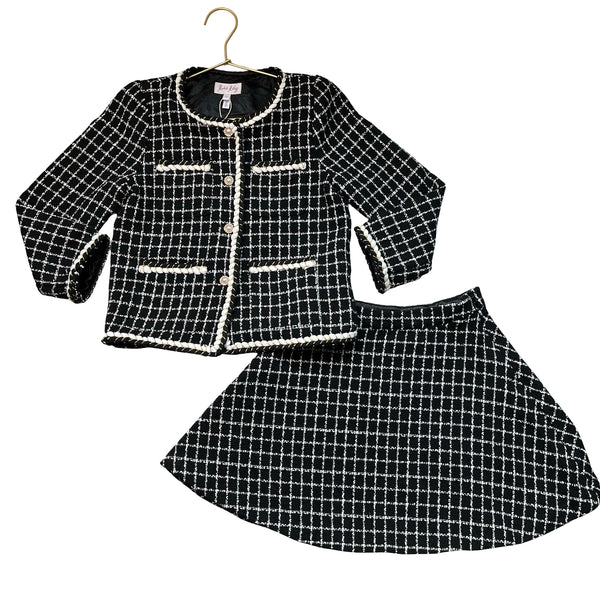 Rachel Riley Black & Ivory Plaid Boucle Blazer & Skirt Set - Size 7