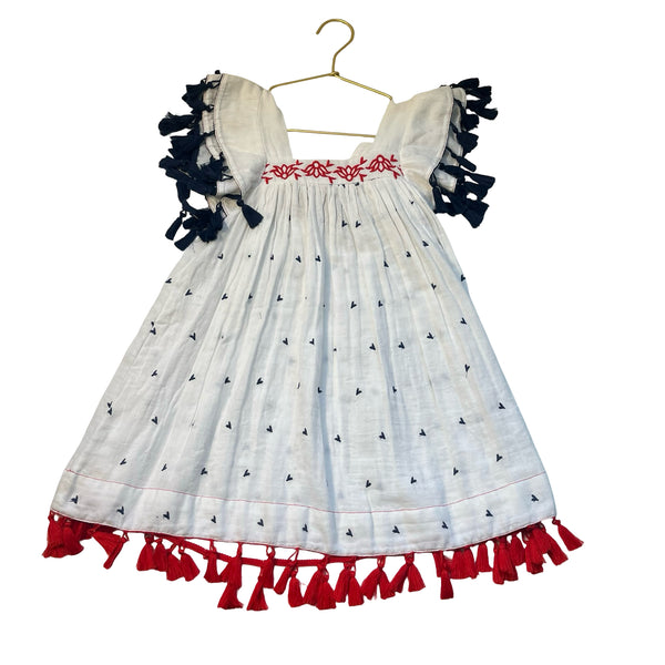 Mer St. Barth White, Red, Navy Embroidered Dress, Tassels - Size 6
