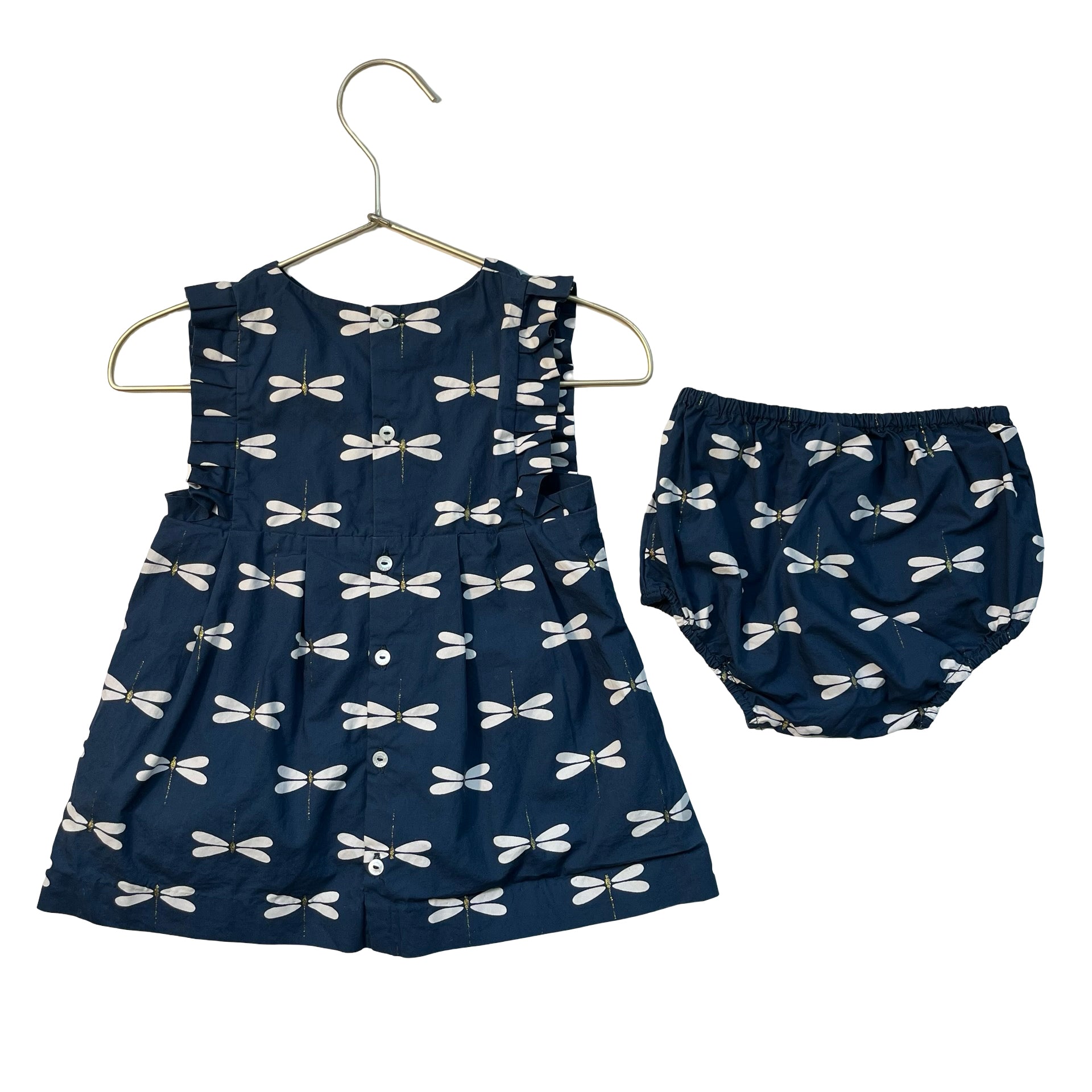 Jacadi Navy Dragonfly Print Dress & Bloomers - Size 12 Mo