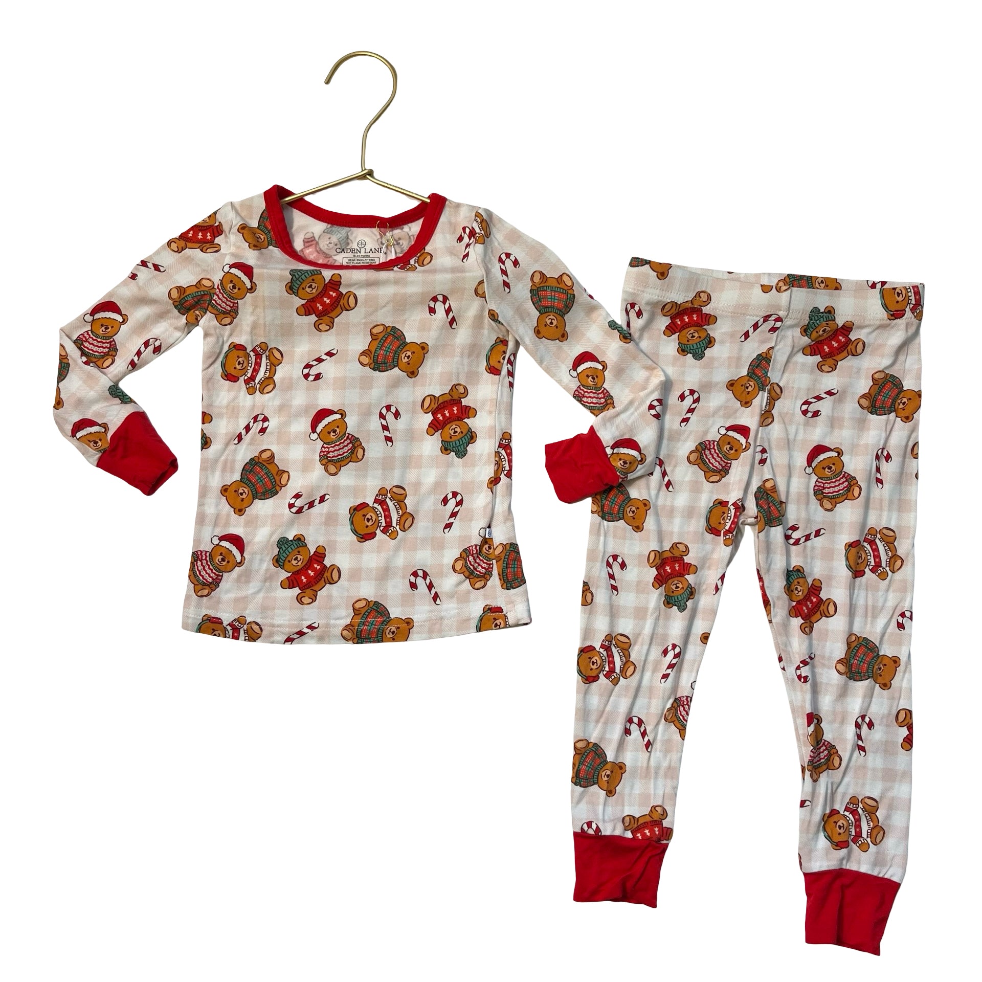Caden Lane Peach Plaid & Red Christmas Teddy Bear PJ Set - Size 18-24 Mo
