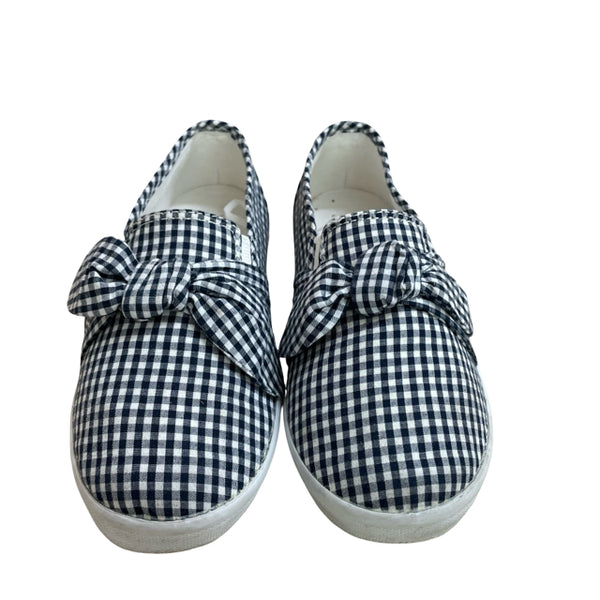 Janie and Jack Navy & Ivory Gingham Bow Slip On Sneakers - Size 12