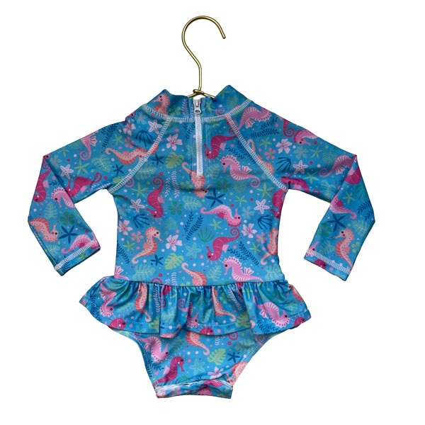 Flap Happy Blue Seahorse Print Swim Suit - Size 6 Mo