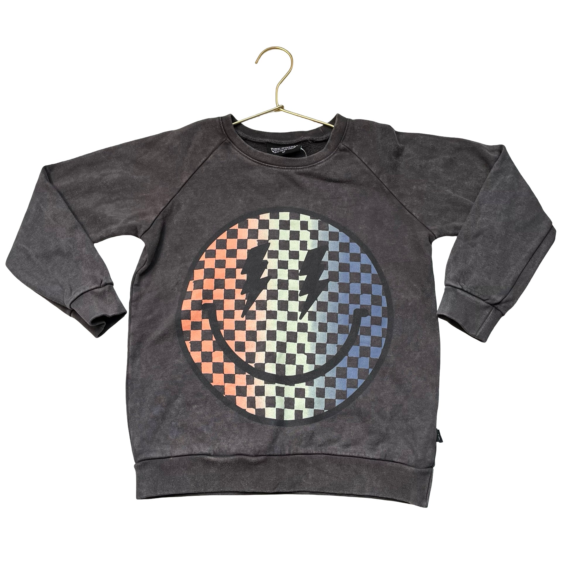 Tiny Whales Dark Gray Vintage Wash Check Smiley Graphic Sweatshirt - Size 6Y
