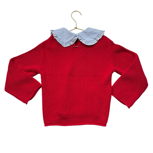 Zara Red Sweater, Removeable Blue Striped Collar - Size 6