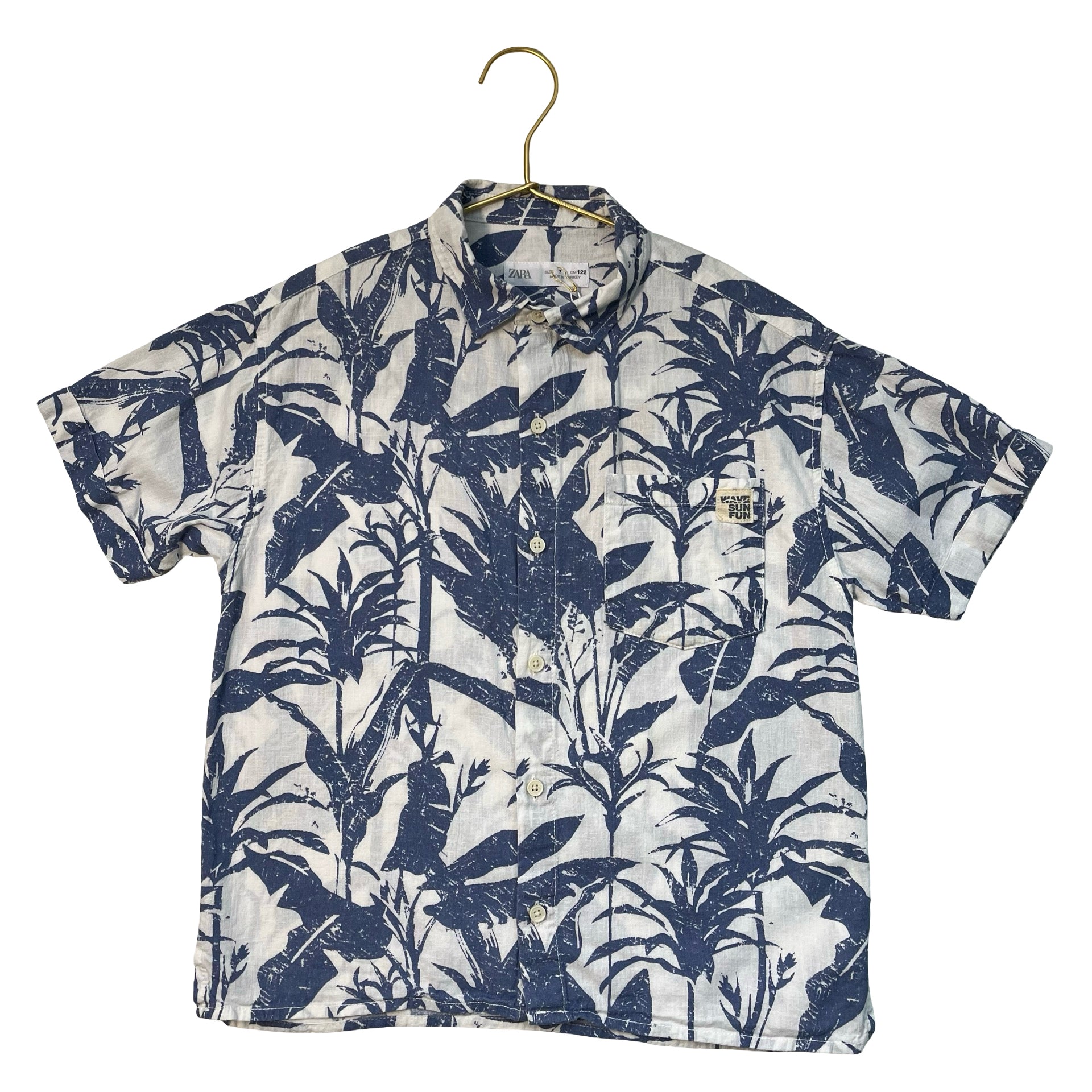 Zara White & Blue Tropical Print Cotton-Linen Blend Button Down Shirt - Size 7