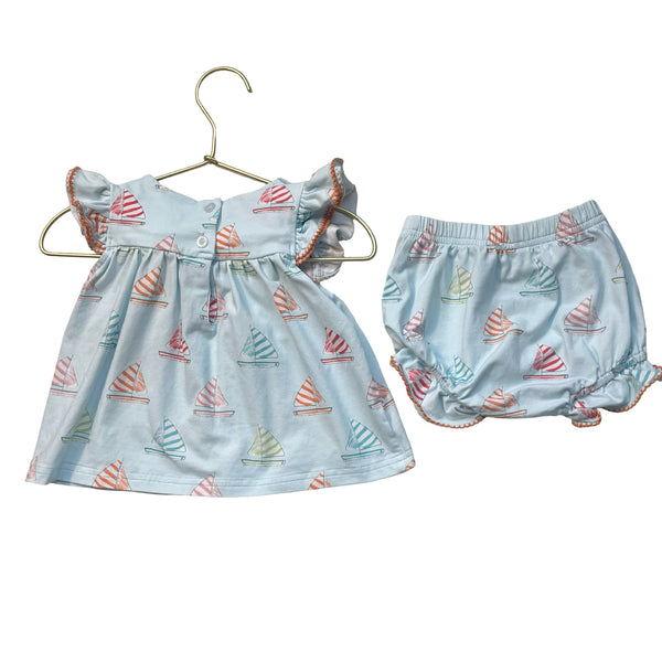 Stitchy Fish Light Blue Sailboat Print Top & Bubble Shorts Set - Size 9 Mo