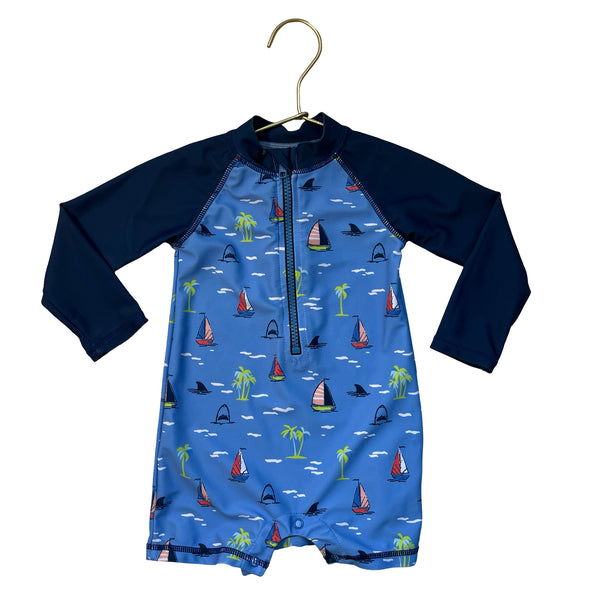 Andy & Evan Blue Ocean Print Swim Suit Romper - Size 9-12 Mo