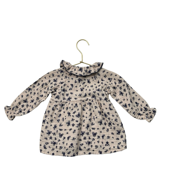 Buho Tan & Navy Floral Cotton Gauze Dress - Size 3 Mo