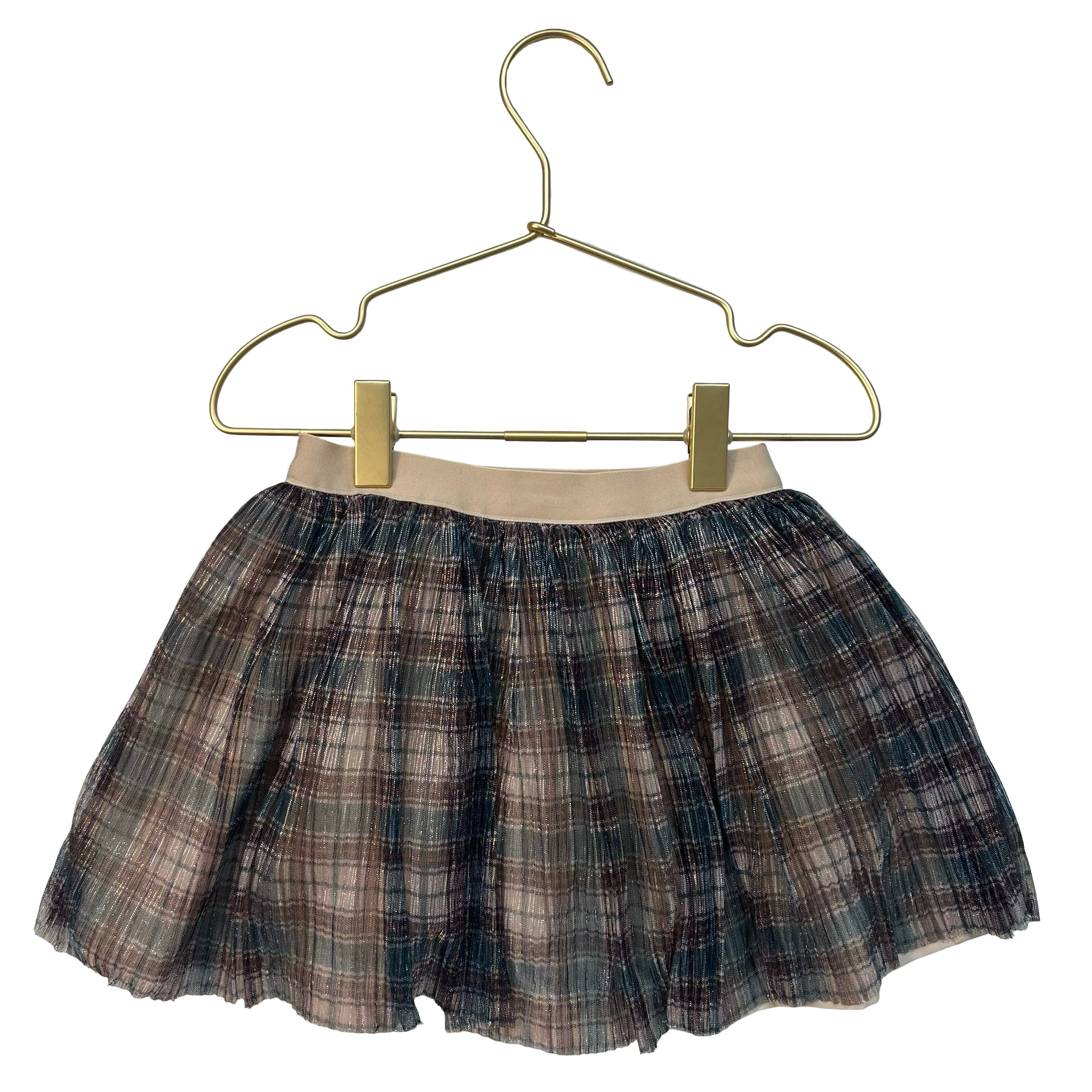 Mayoral Tan, Green, Yellow Plaid Metallic Tulle Pleated Skirt - Size 4