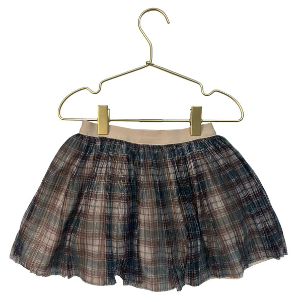 Mayoral Tan, Green, Yellow Plaid Metallic Tulle Pleated Skirt - Size 4