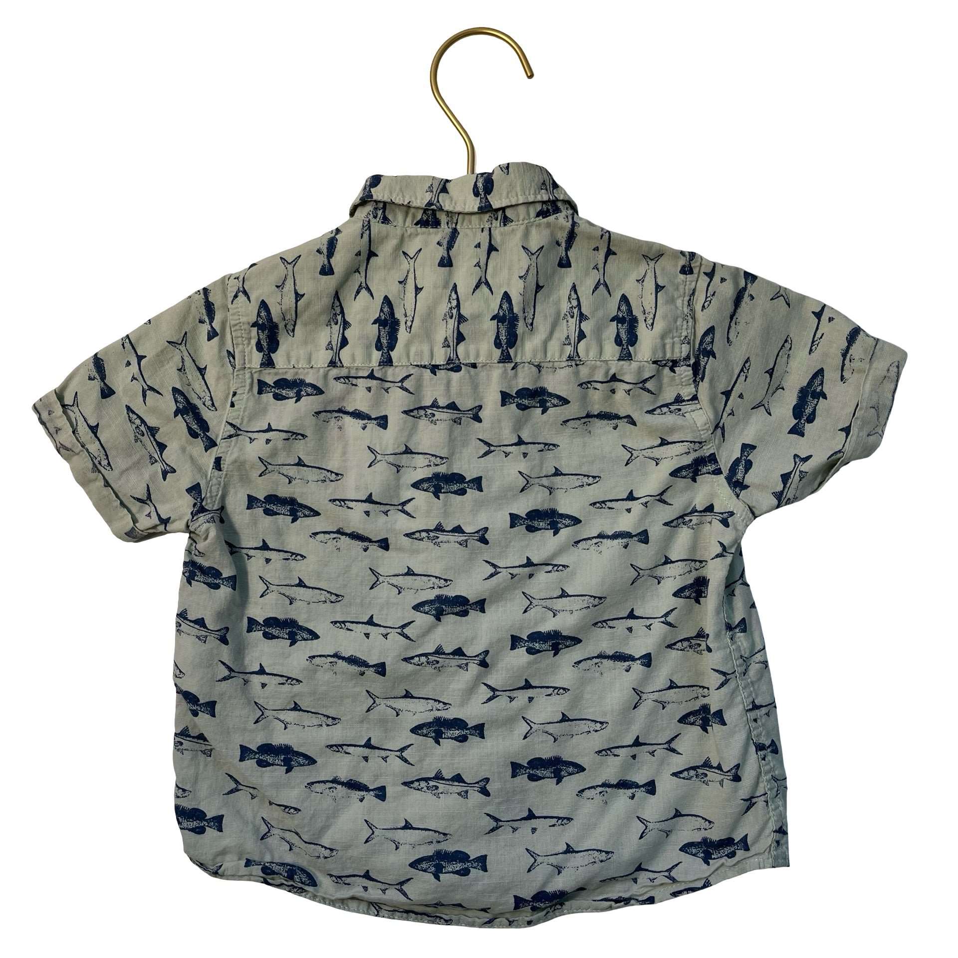 Zara Mint Green & Navy Fish Print Button Down Shirt - Size 18-24 Mo