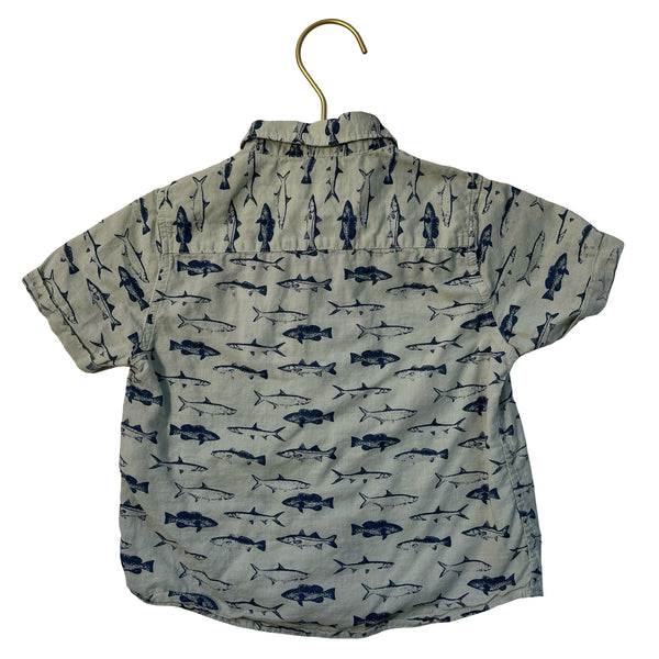 Zara Mint Green & Navy Fish Print Button Down Shirt - Size 18-24 Mo