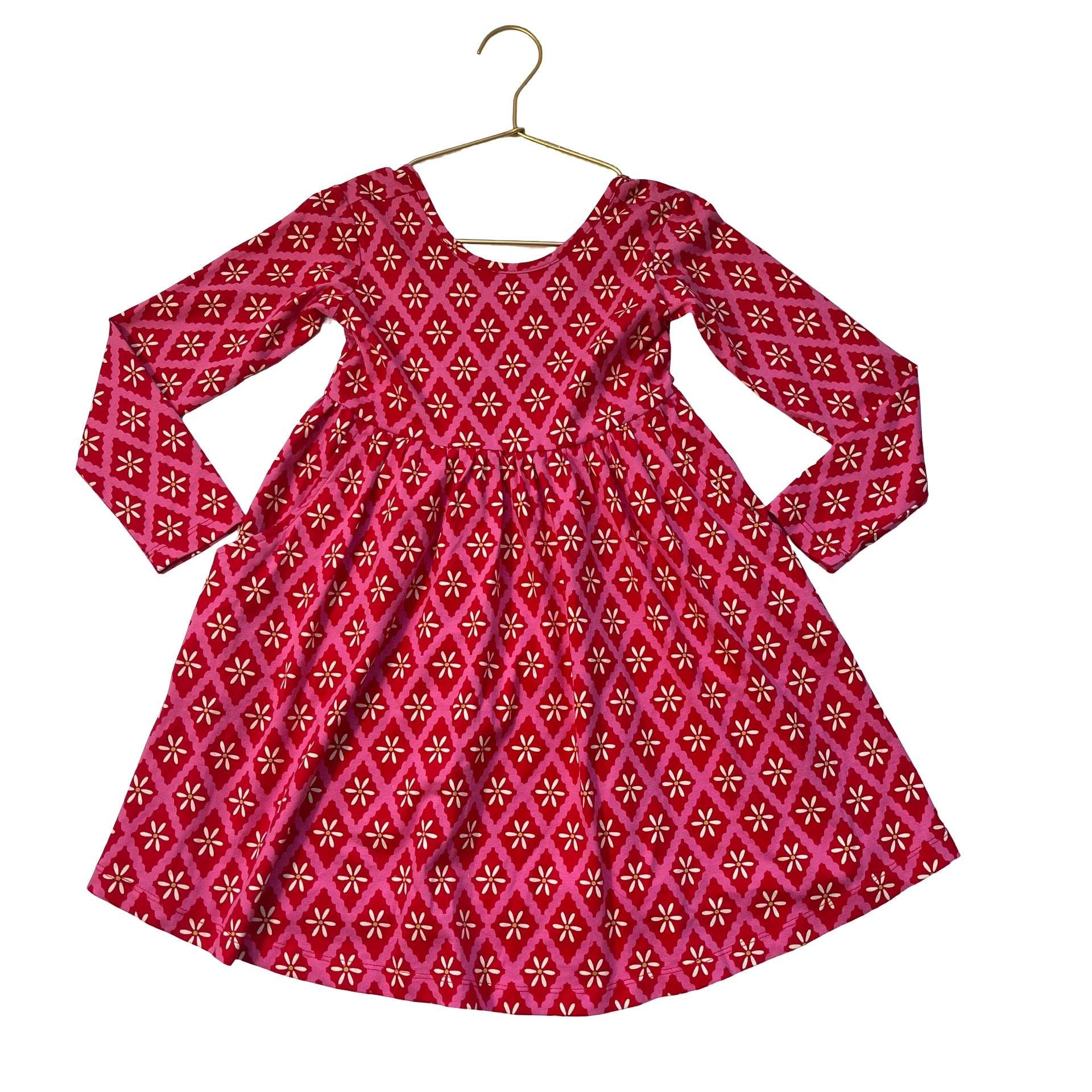 Hanna Andersson Pink & Red Diamond & Flower Print Dress - Size 5