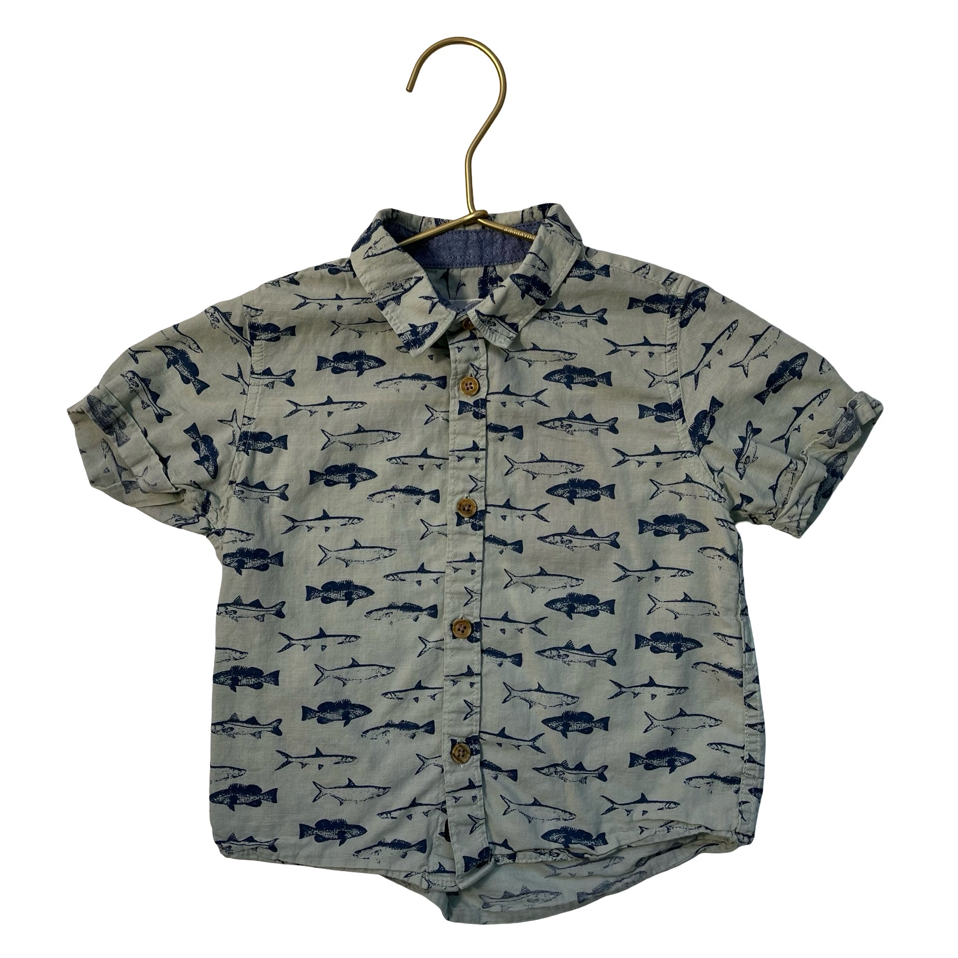 Zara Mint Green & Navy Fish Print Button Down Shirt - Size 18-24 Mo