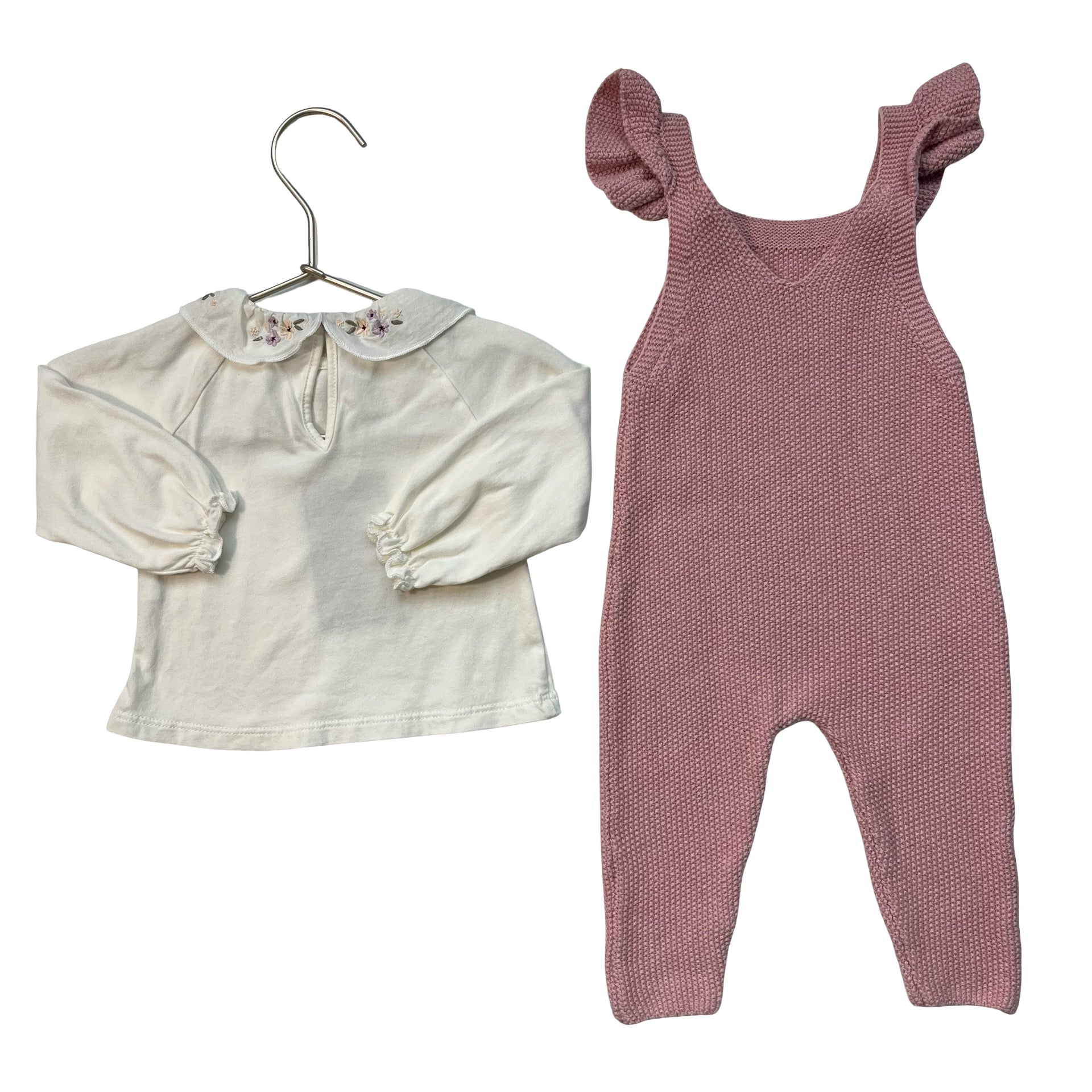Zara Pink Knit Overalls & Ivory Embroidered Collar Top Set - Size 3-6 Mo