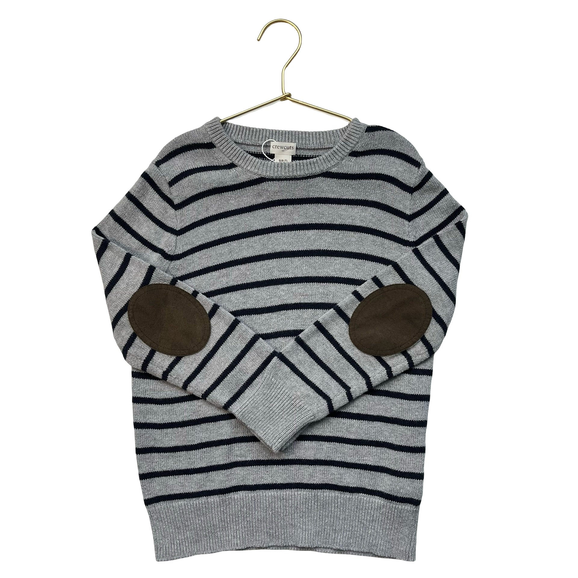 Crewcuts Gray & Navy Striped Sweater, Elbow Patches - Size S 6-7