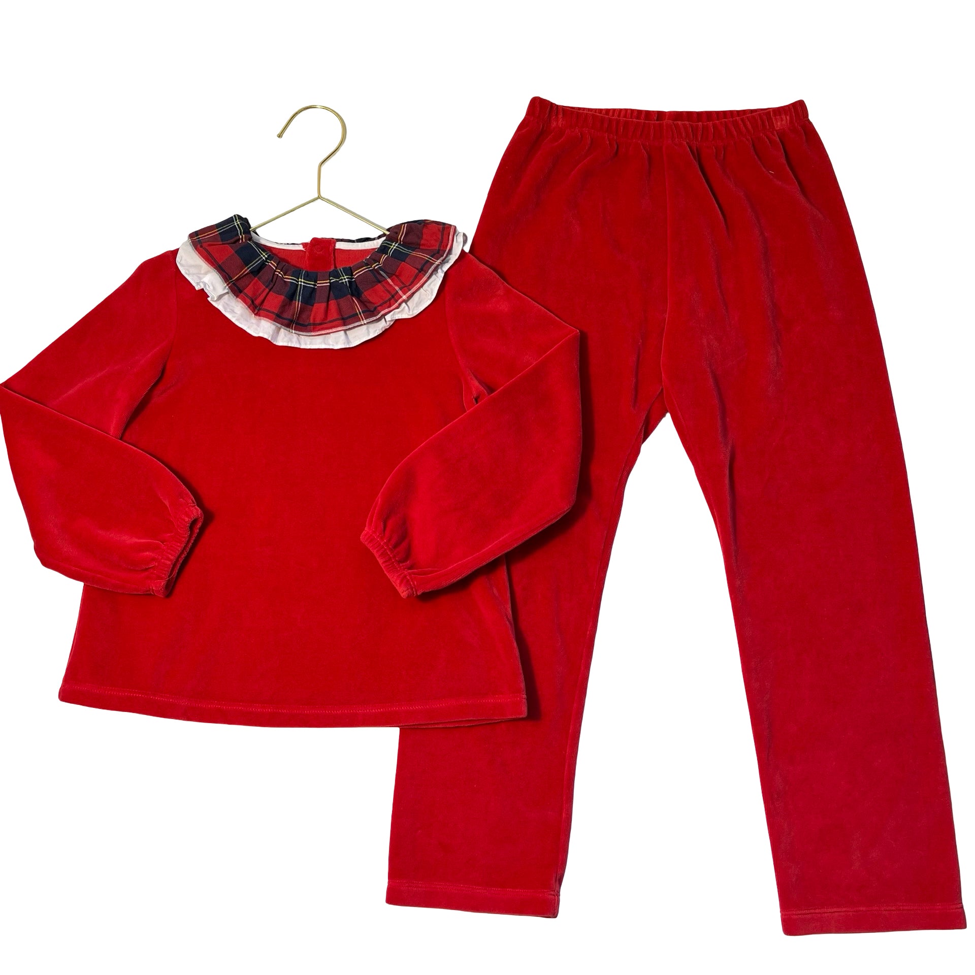 Jacadi Red Velour Pants & Top, White & Plaid Collar - Size 8
