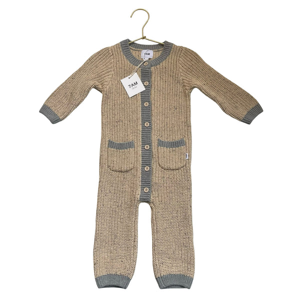7 A.M. Enfant 100% Cotton Tan & Gray Chunky One-Piece Romper w Tags - 12-18 Mo