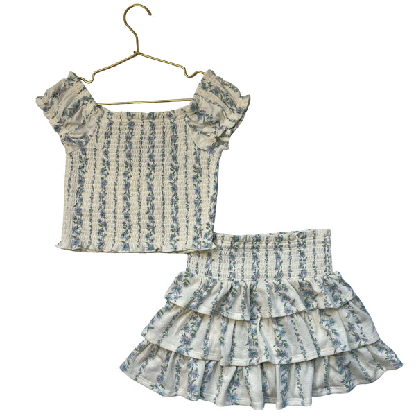 Nordstrom Ivory Floral Smocked Top & Ruffle Skirt Set - Size S 7-8