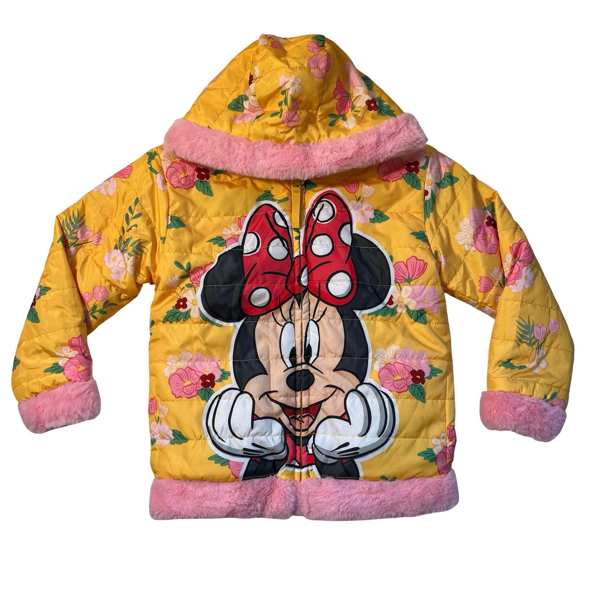 Disney Reversible Yellow Floral Minnie Mouse & Pink Faux Fur Jacket - Size 6