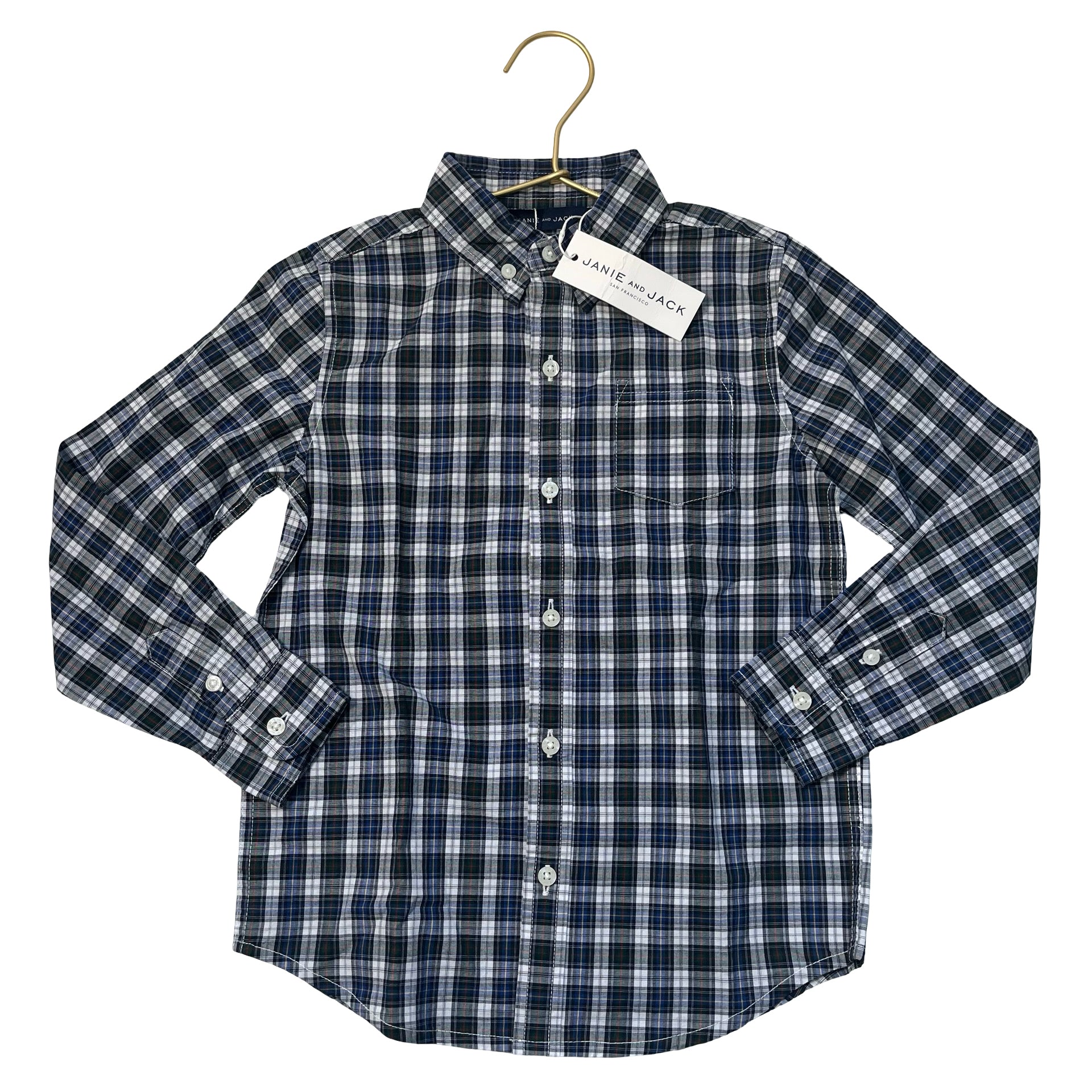Janie and Jack Navy, White, Green Plaid Button Down Shirt with Tag - Size 5