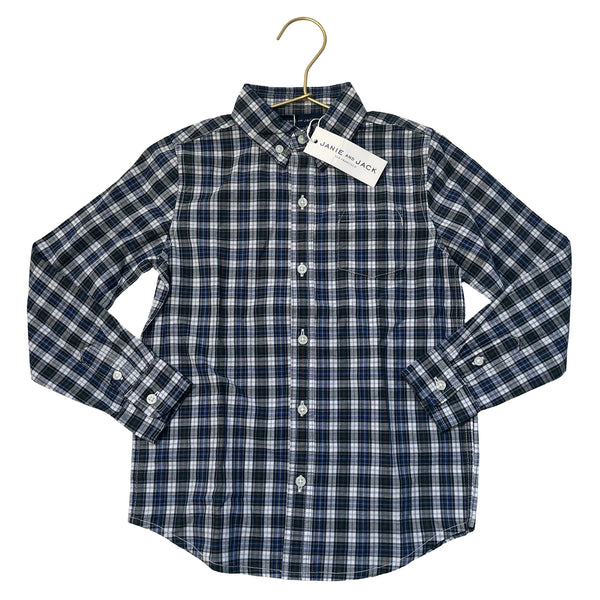 Janie and Jack Navy, White, Green Plaid Button Down Shirt with Tag - Size 5