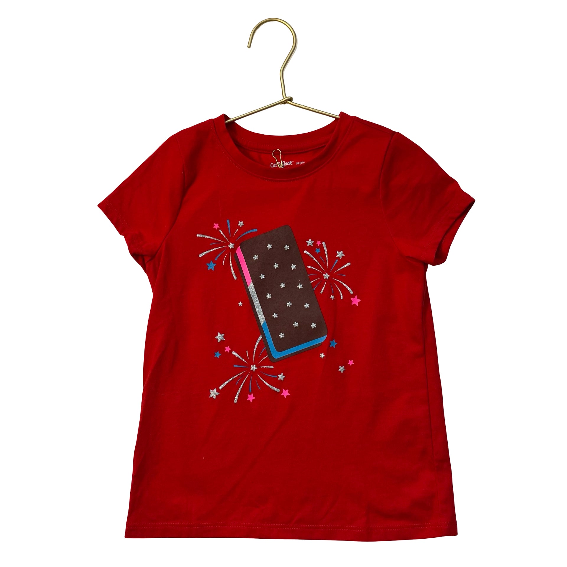 Cat & Jack Red Fireworks & Ice Cream Sandwich Graphic T-Shirt - Size XS 4-5