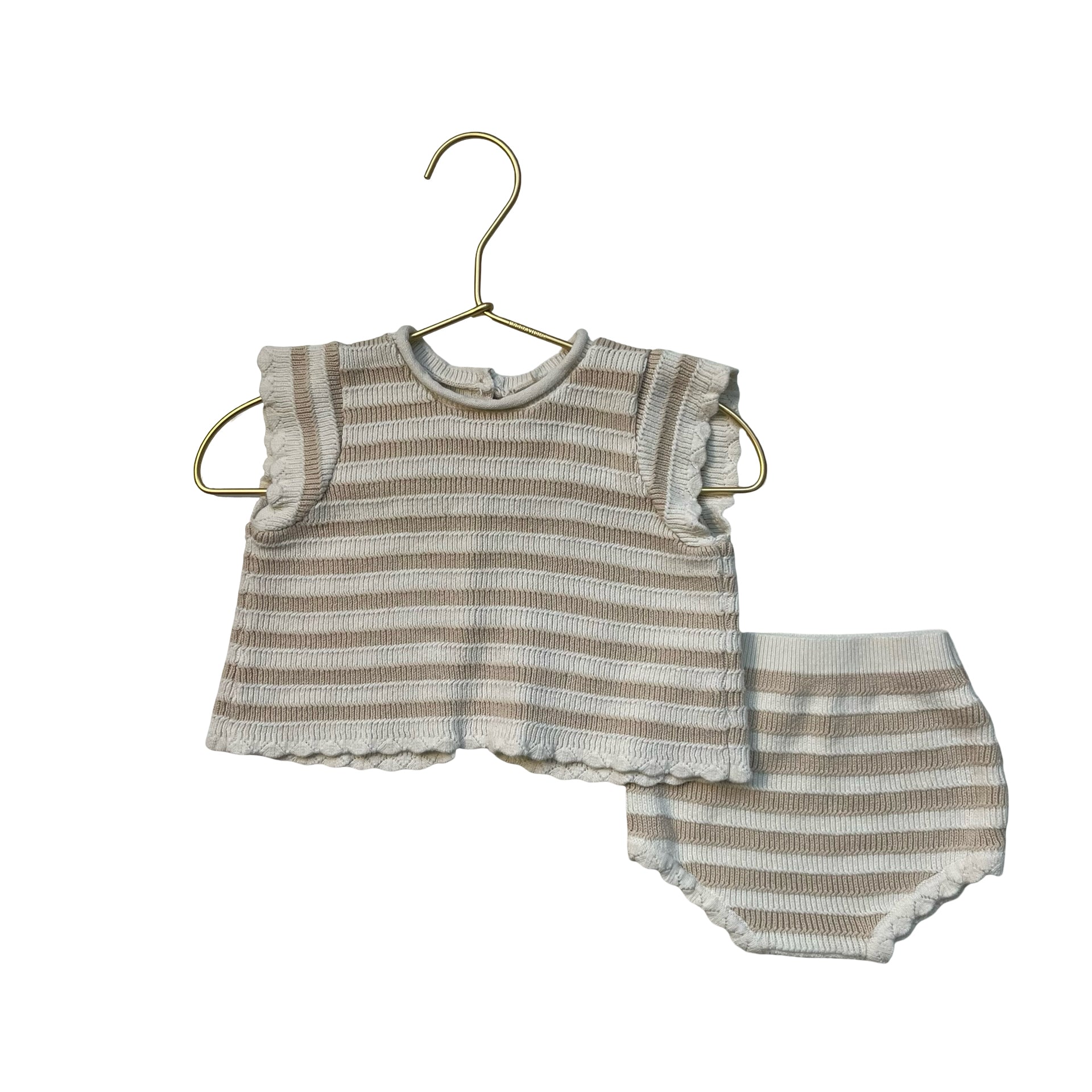 Rylee & Cru Ivory & Tan Striped Cotton Knit Top & Bubble Shorts Set - 6-12 Mo