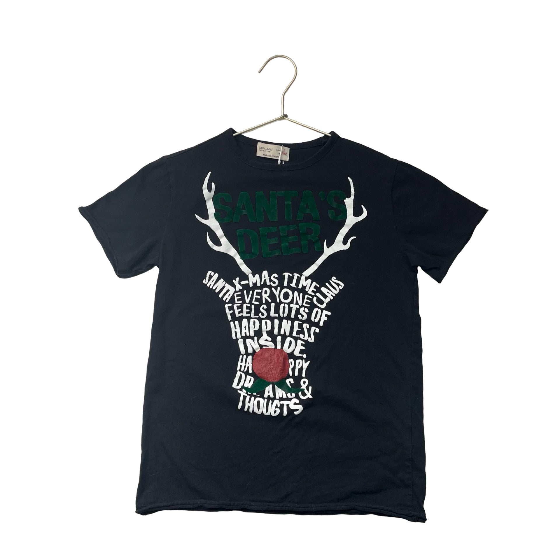 Zara Black, Ivory & Green 'Santa's Deer' Short Sleeve T-Shirt - Size 7
