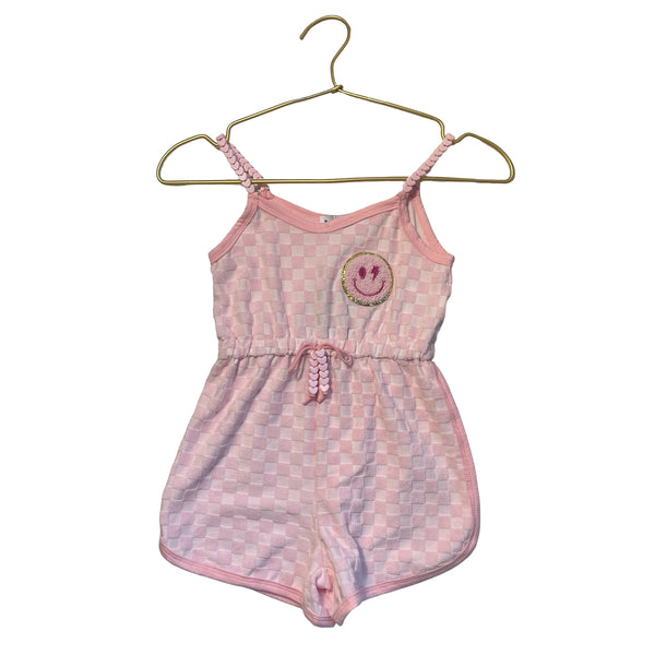 Lola & The Boys Pink Terry Check Smiley Patch Romper - Size 4