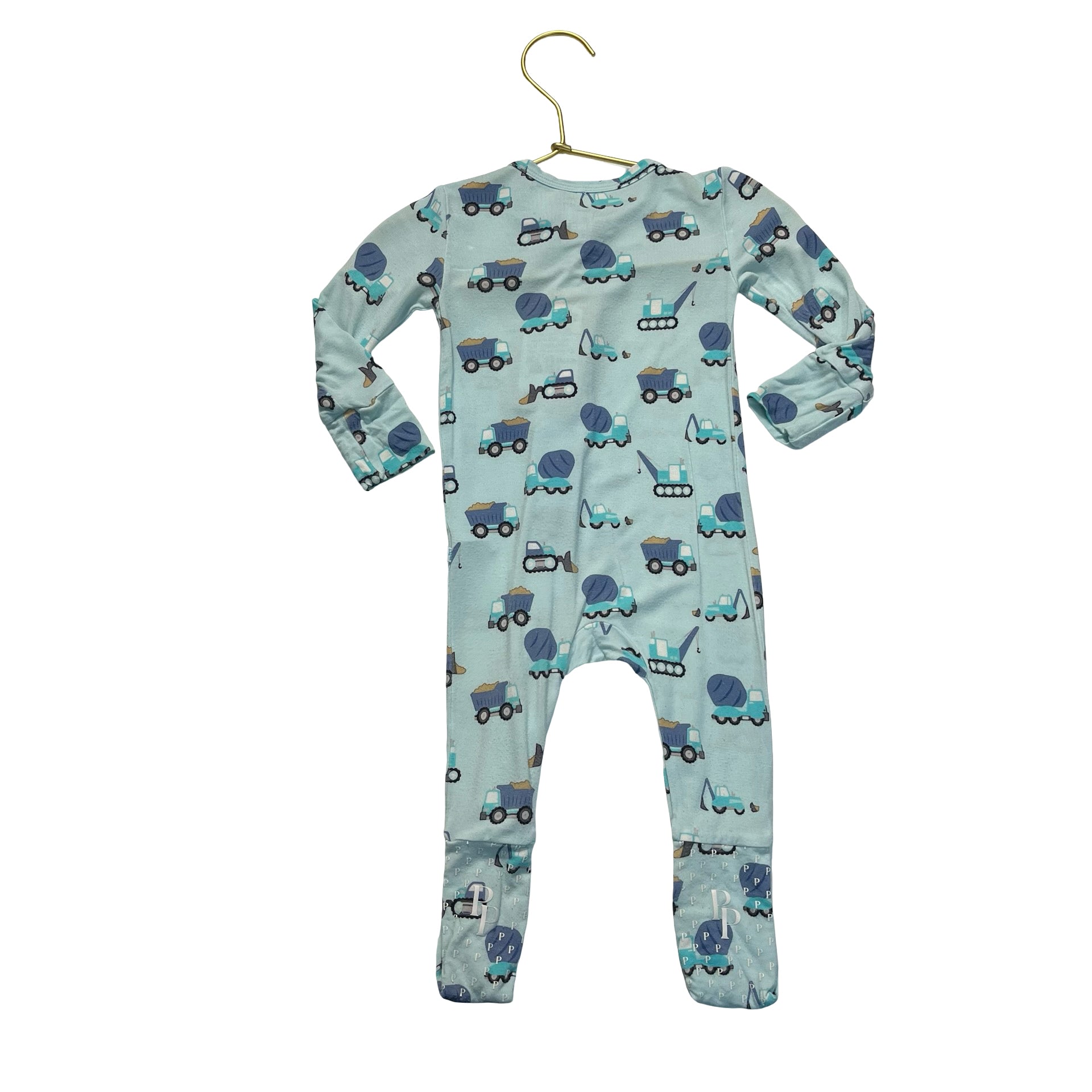 Posh Peanut Light Blue Construction Truck One-Piece PJs - Size 3-6 Mo