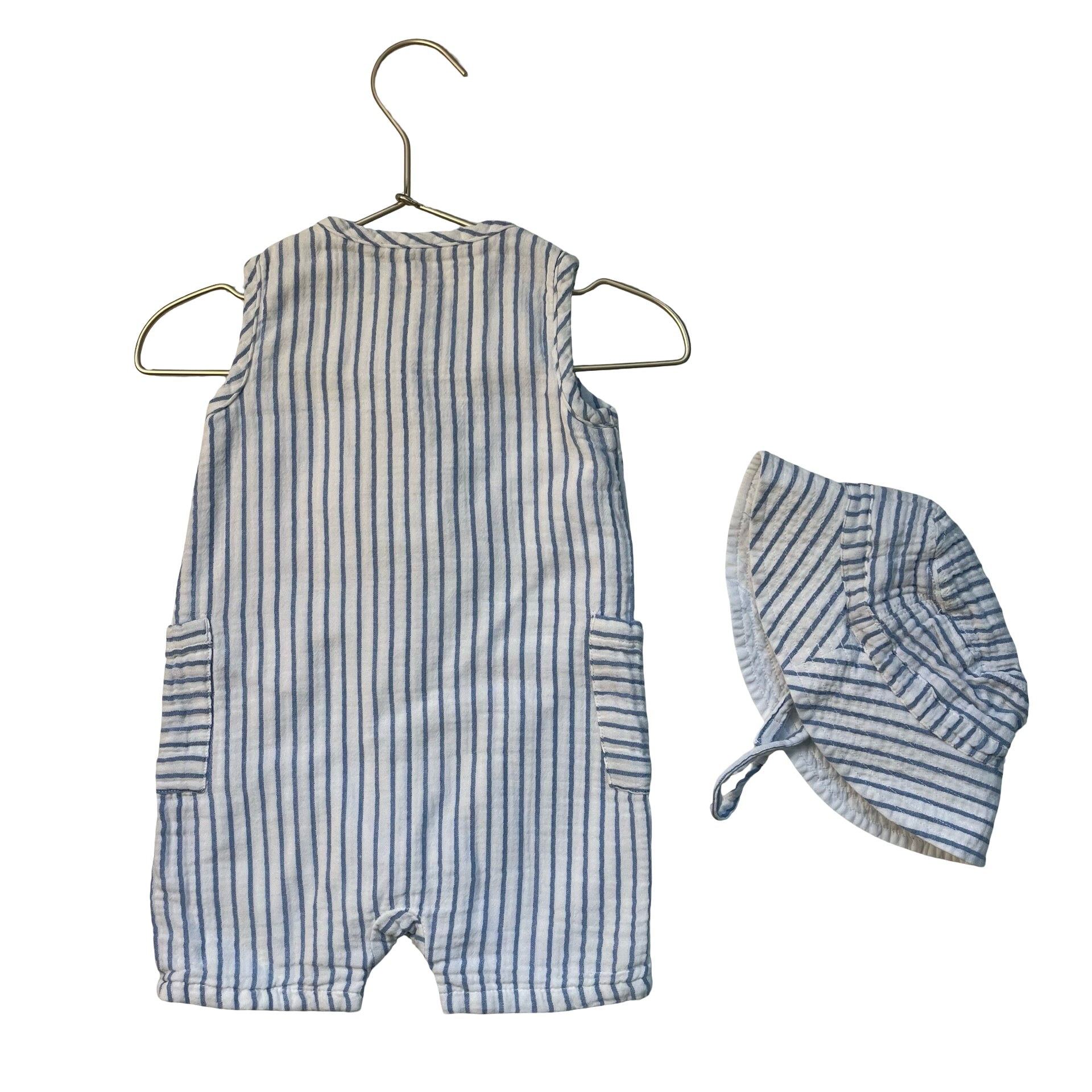 Baby Gap Off-White & Blue Striped Romper & Hat - Size 6-12 Mo