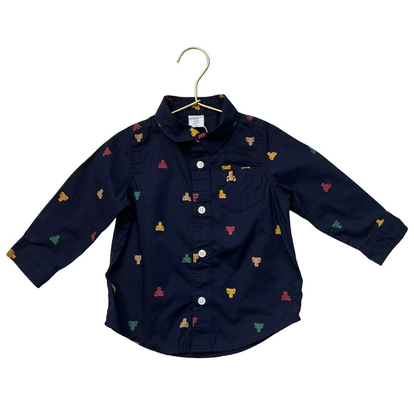 Baby Gap Navy Bear Print Button Down Shirt - Size 18-24 Mo