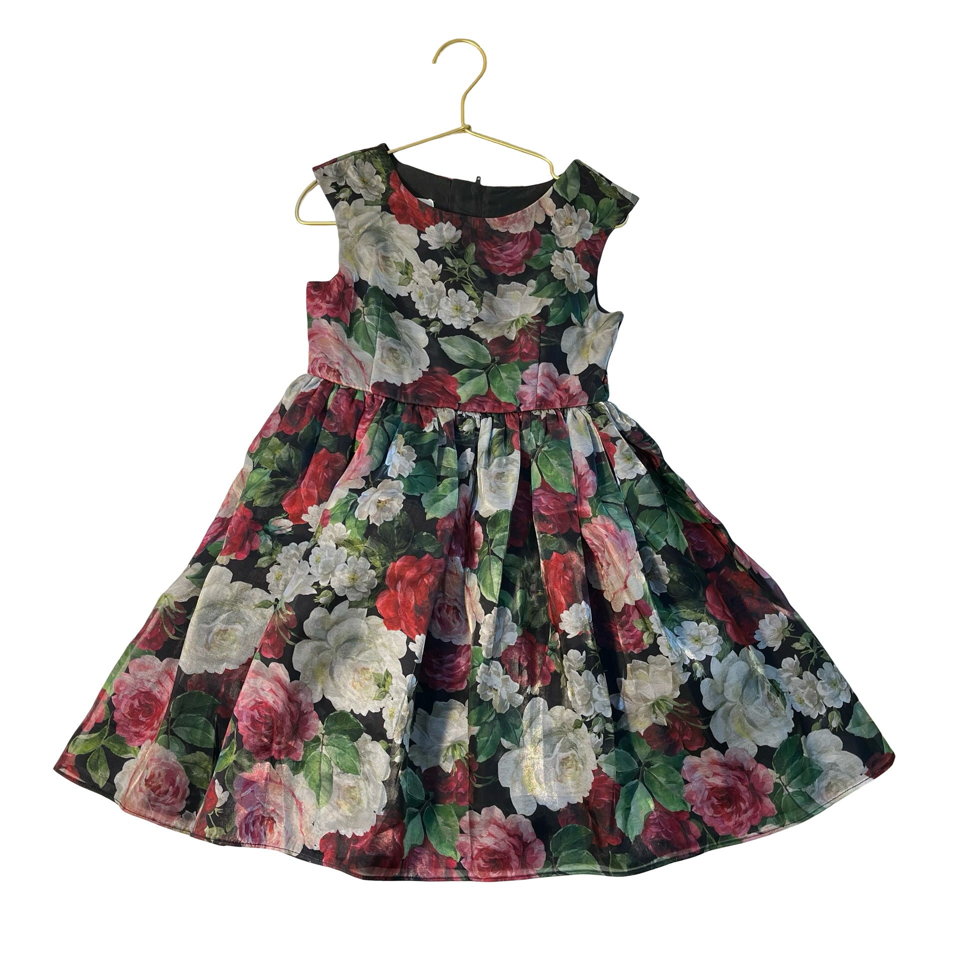 Pippa & Julie Shimmer Black, Red, White, Green Rose Print Dress - Size 6