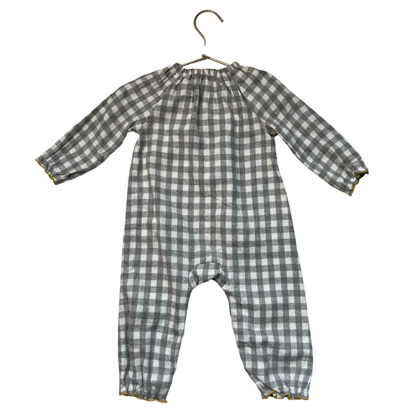 Mud Pie Gray Check Flannel Turkey Pom-Pom Jumpsuit - Size 12-18 Mo