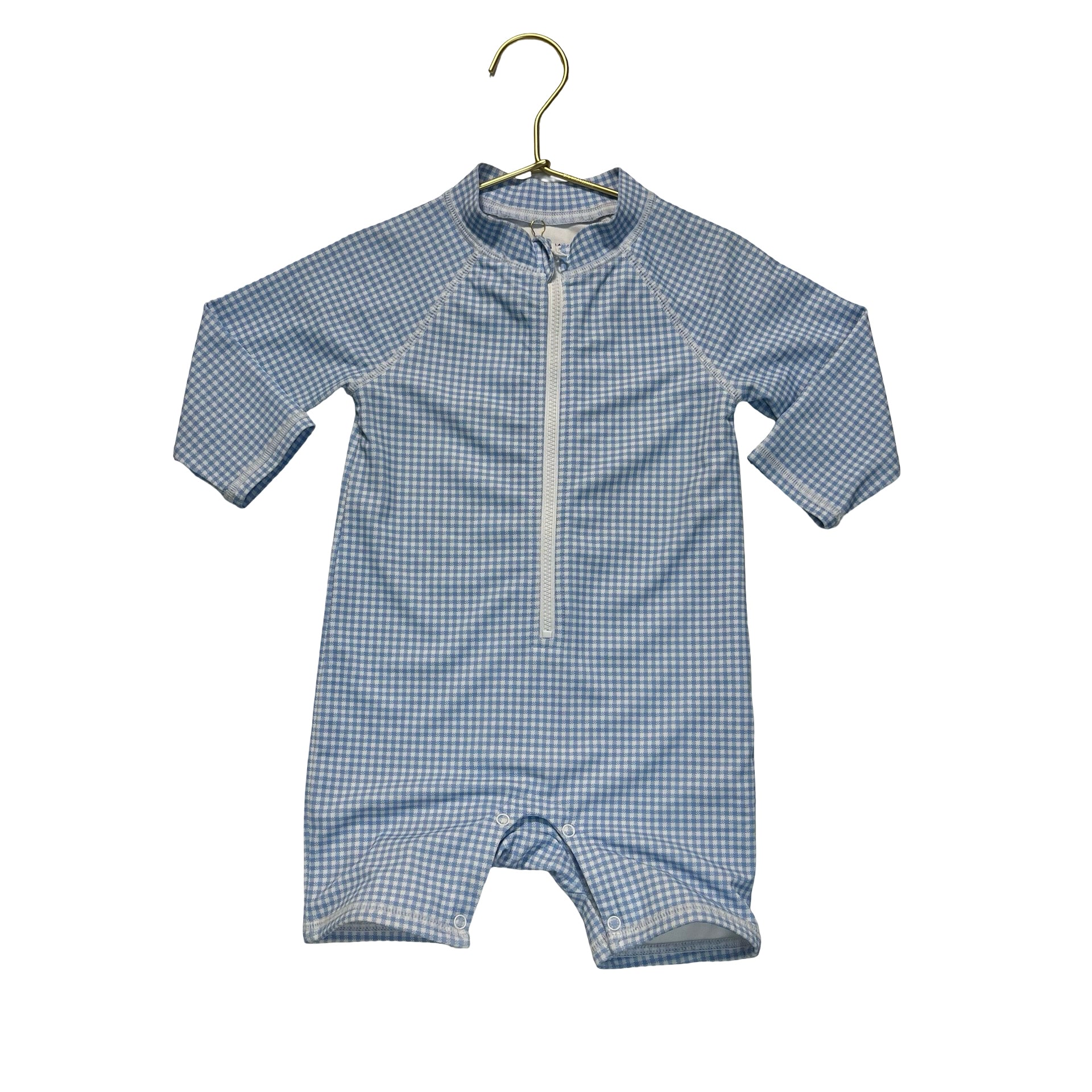 Janie and Jack Light Blue Check Swim Suit Romper - Size 18-24 Mo