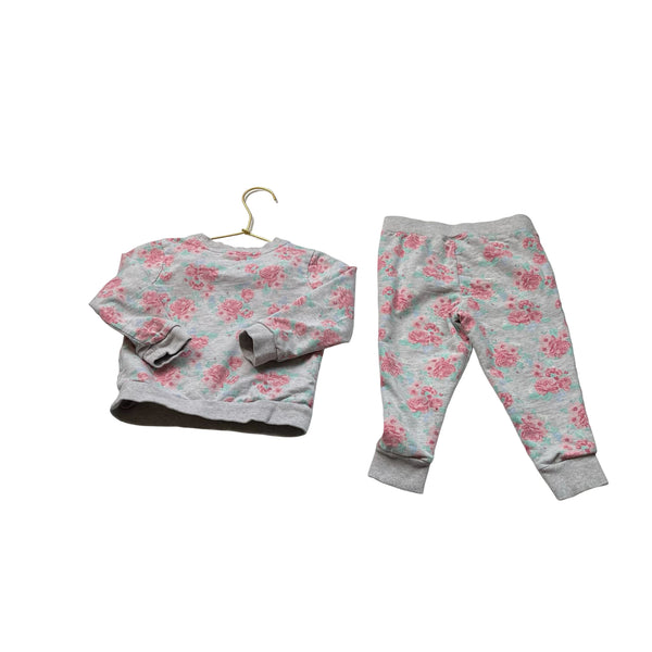 Janie and Jack Gray, Pink & Teal Rose Print Sweatshirt & Jogger Set - Size 2