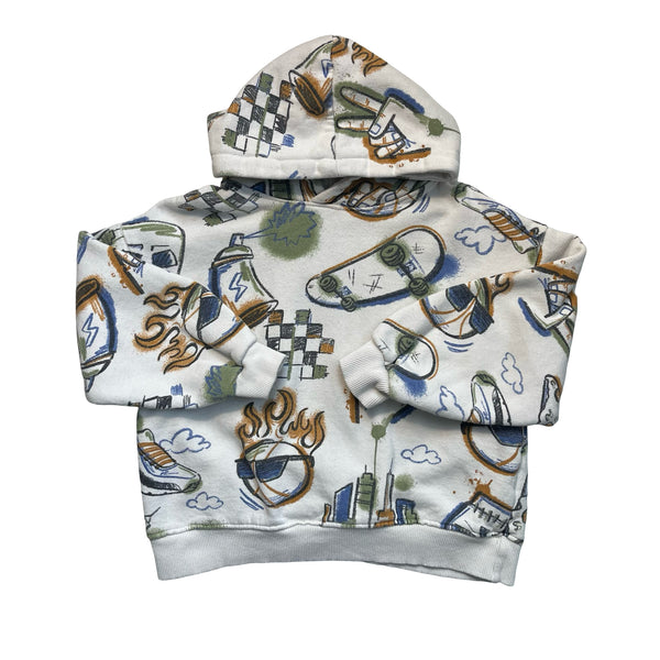 Zara Ivory Skateboard & Illustration Print Hooded Sweatshirt - Size 8-9