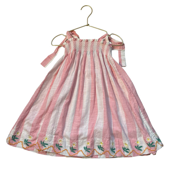 Bonjour Pink Striped Embroidered Flower Dress - Size 4Y