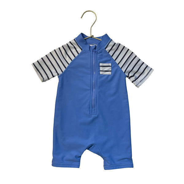 Janie and Jack Periwinkle Blue & Navy/Ivory Striped Swim Romper - Size 6-12 Mo