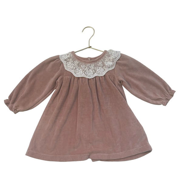 Zara Dusty Pink Velour Dress, Lace Collar - Size 9-12 Mo